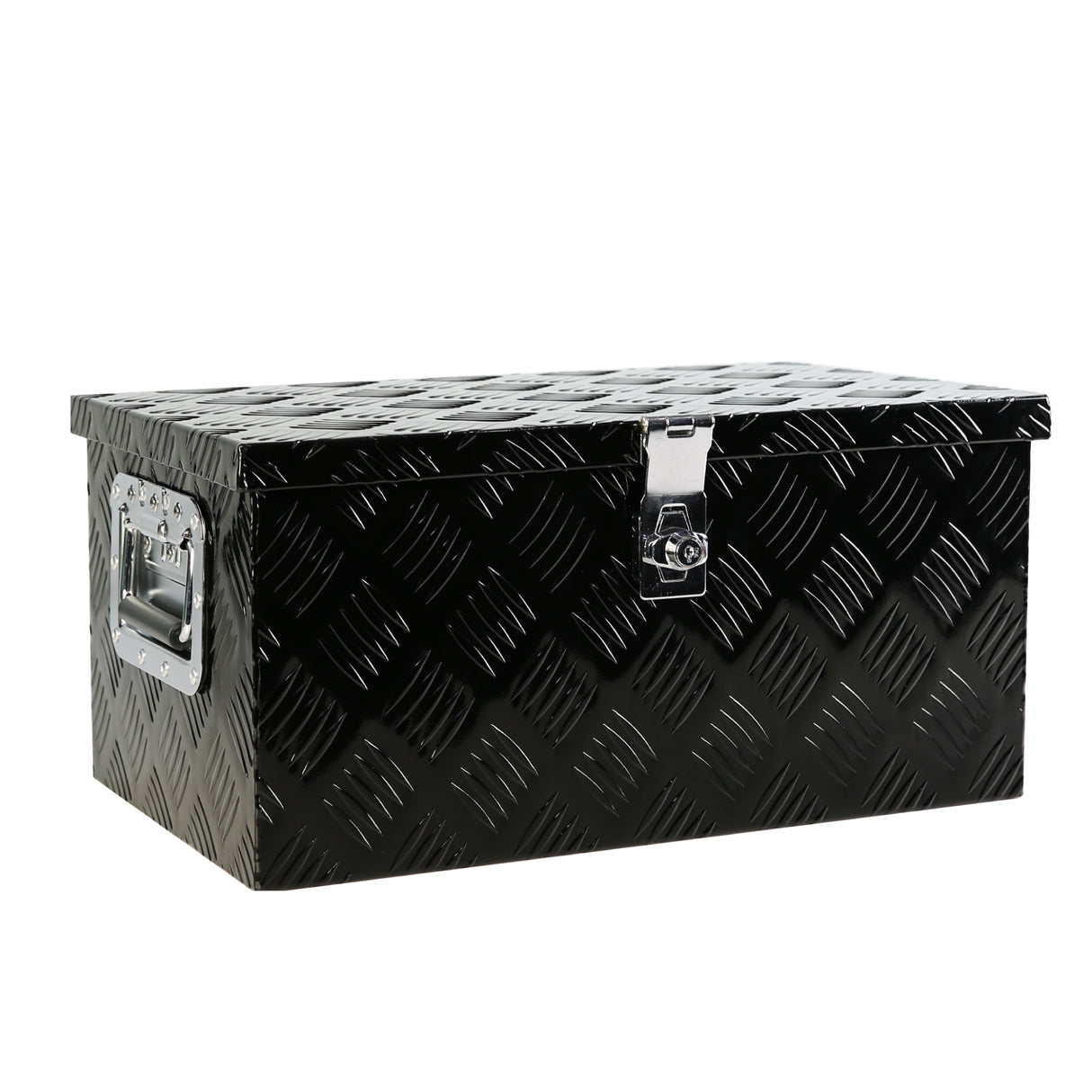 Caja de herramientas plana y larga de aluminio negro para camión de 20 pulgadas, con banda de rodadura de 5 barras, cerradura, manija lateral y llaves 20.1"×11.8"×9.3"