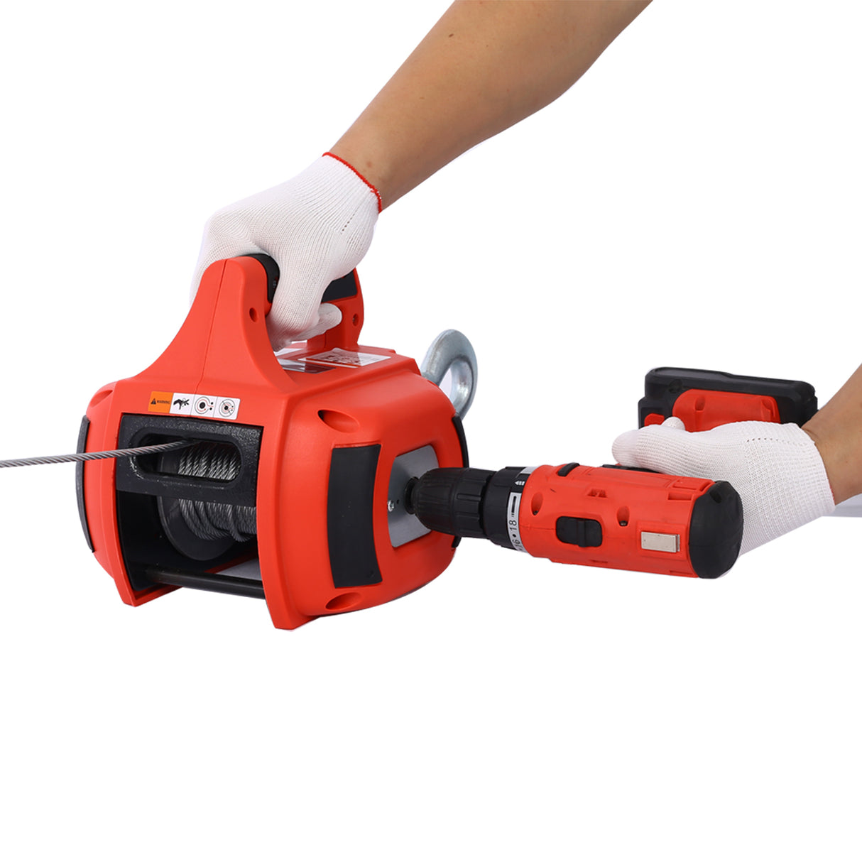 Drill Winch Hoist Portable 750 LB Capacity with 40 Feet Steel Wire--Red