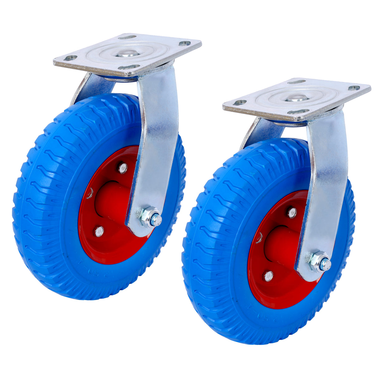 2PCS 8IN Flat Free Swivel Caster Wheel Steel Hub with Ball Bearings 5/8-Inch Bore Centered Axle Blue