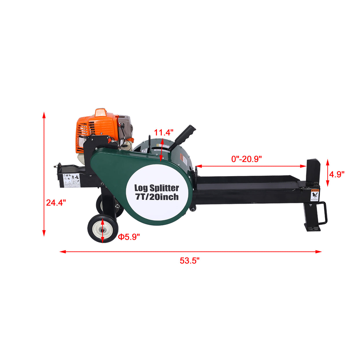 Divisor de troncos eléctrico de volante doble de doble volante Splitter de registro de gas horizontal compacto con motor de 63cc de 20 pulgadas de retorno automático de 20 pulgadas