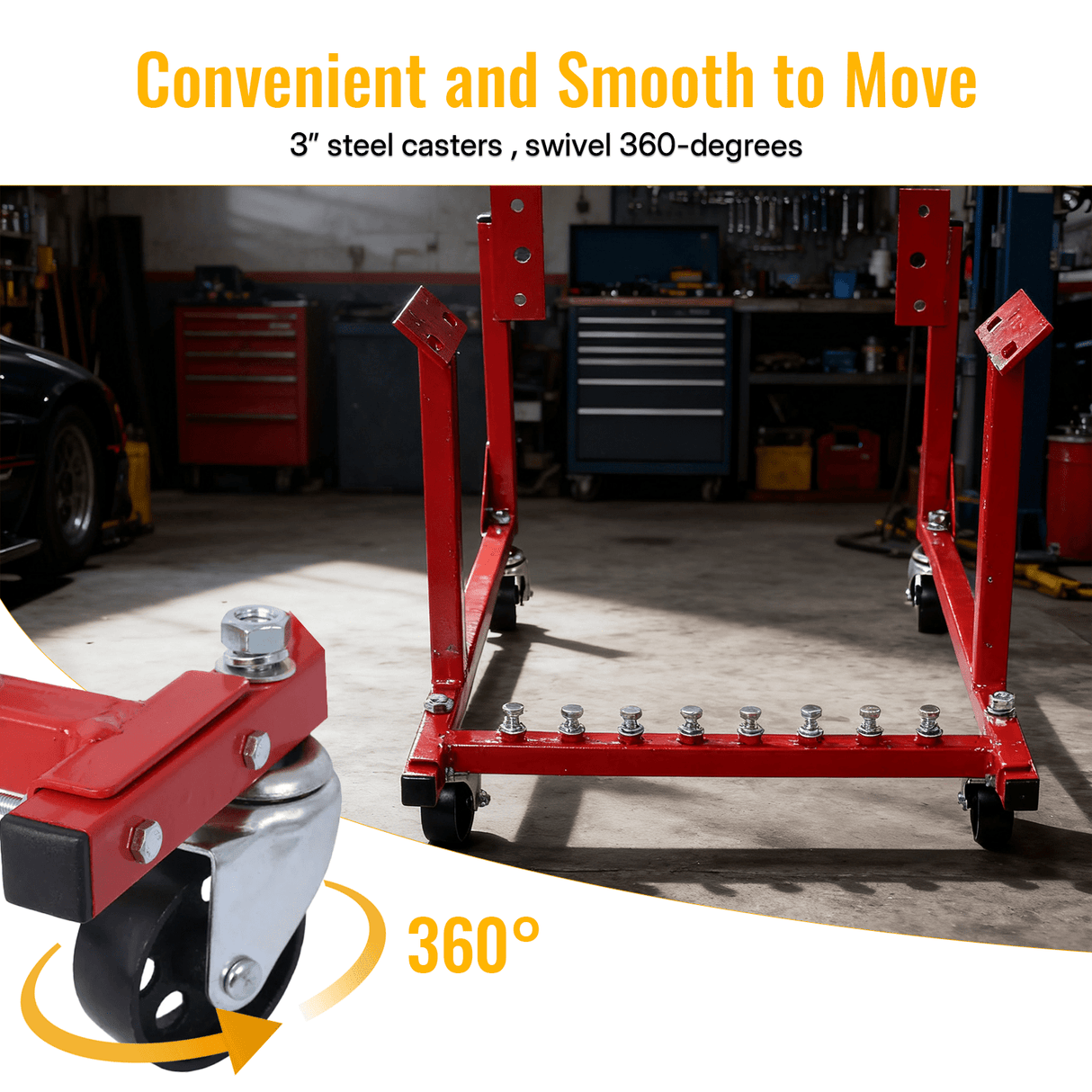 Engine Cradle with Wheels Chevy Small Block and Big Block Powder Coat 3in Heavy Duty Steel 1000 LBS Capacity - Red - Fab Heavy Parts