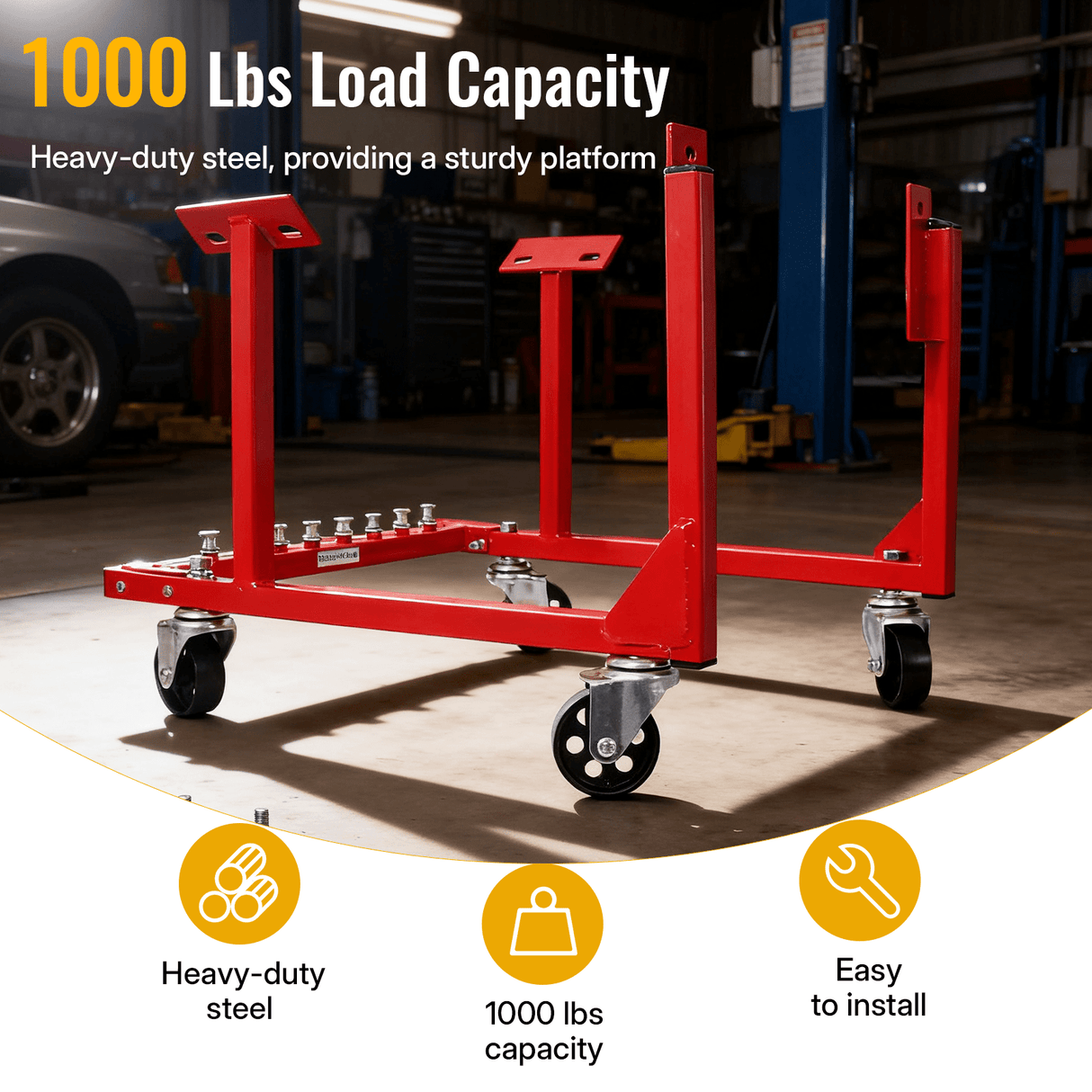 Engine Cradle with Wheels Chevy Small Block and Big Block Powder Coat 3in Heavy Duty Steel 1000 LBS Capacity - Red - Fab Heavy Parts