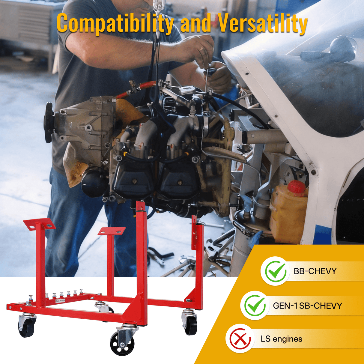 Engine Cradle with Wheels Chevy Small Block and Big Block Powder Coat 3in Heavy Duty Steel 1000 LBS Capacity - Red - Fab Heavy Parts