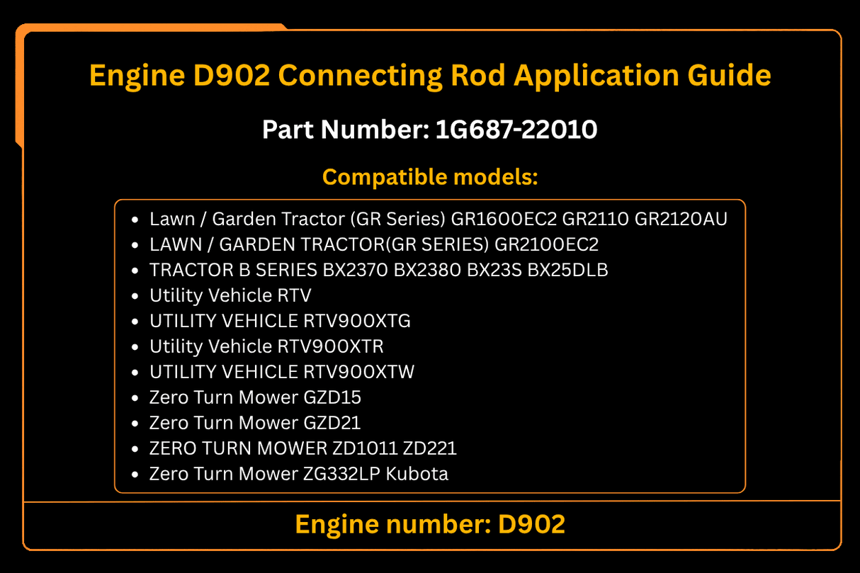 Engine D902 Connecting Rod 1G687 - 22010 for Kubota RTV900 Tractor BX1860 BX1870 BX2360 BX25 Mower F1900 Generator GL9000 GL6000 - Fab Heavy Parts