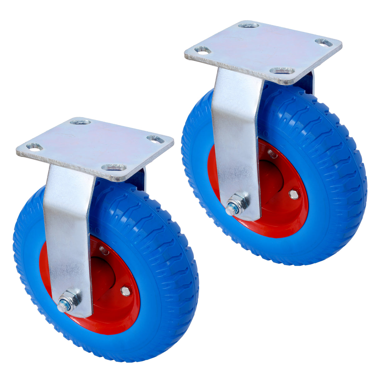 2PCS 8IN Flat Free Rigrid-Caster Wheel Steel Hub with Ball Bearings 5/8-Inch Bore Centered Axle Blue