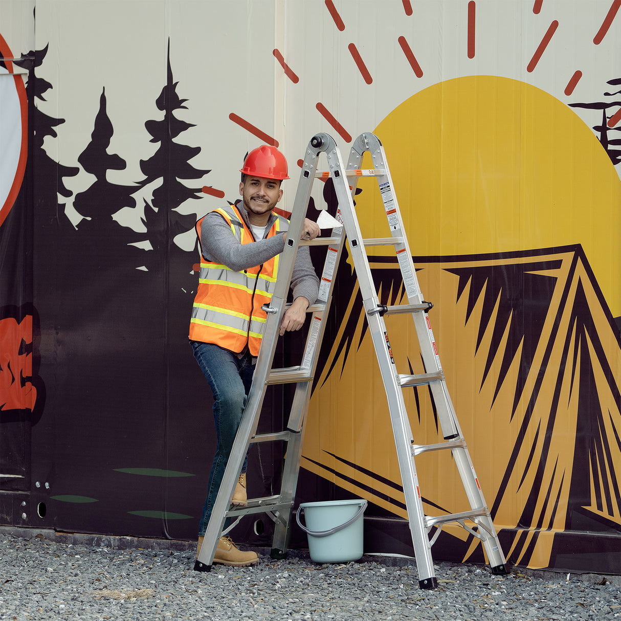 17ft Multi-Position Foldable Aluminum Ladder A-Frame and Straight Ladder ANSI 250lbs--Grey