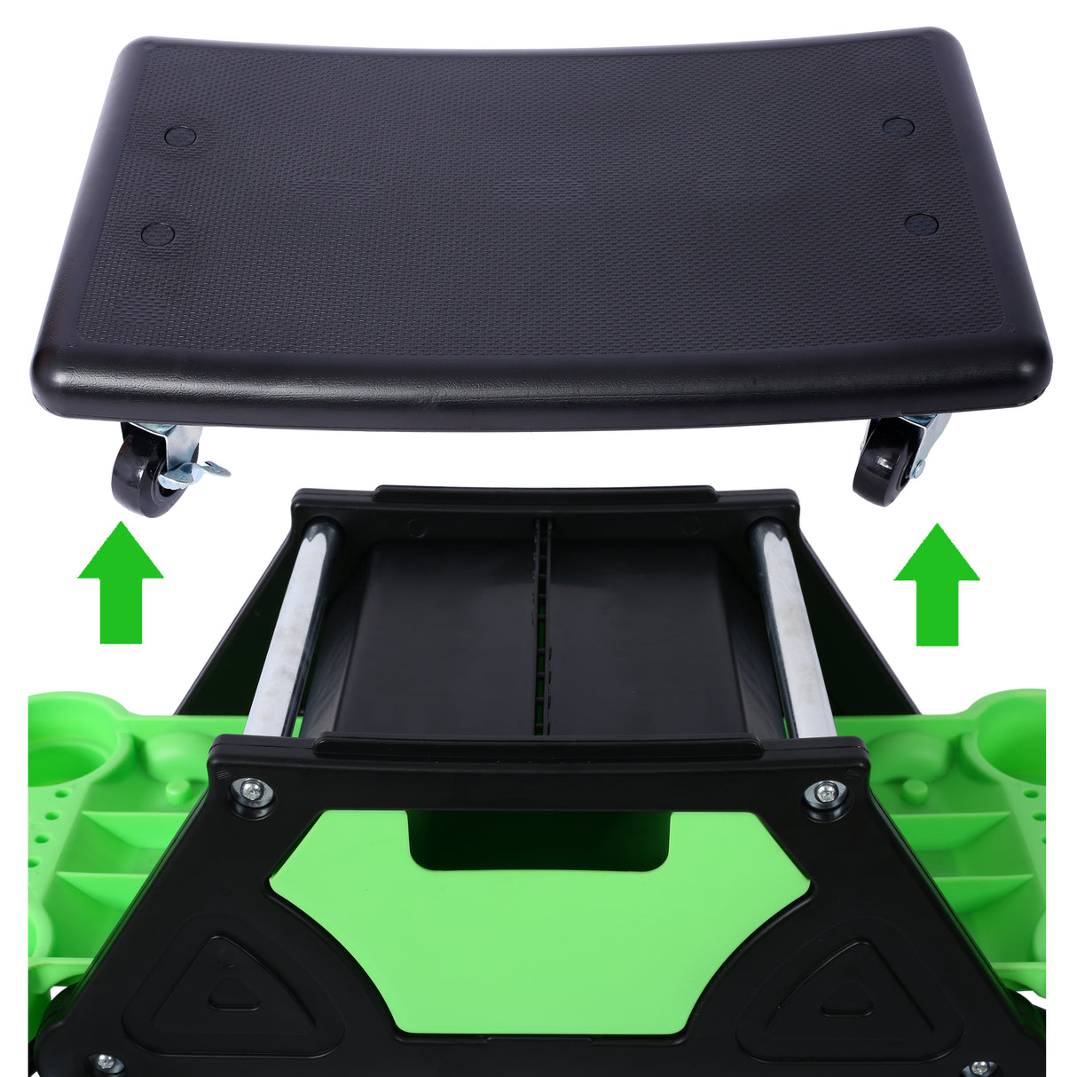 Roller Mechanic Detailing Creeper Utility Seat Stool with Wheels Removable Tool Trays Drawer 300 Lbs Capacity--Green