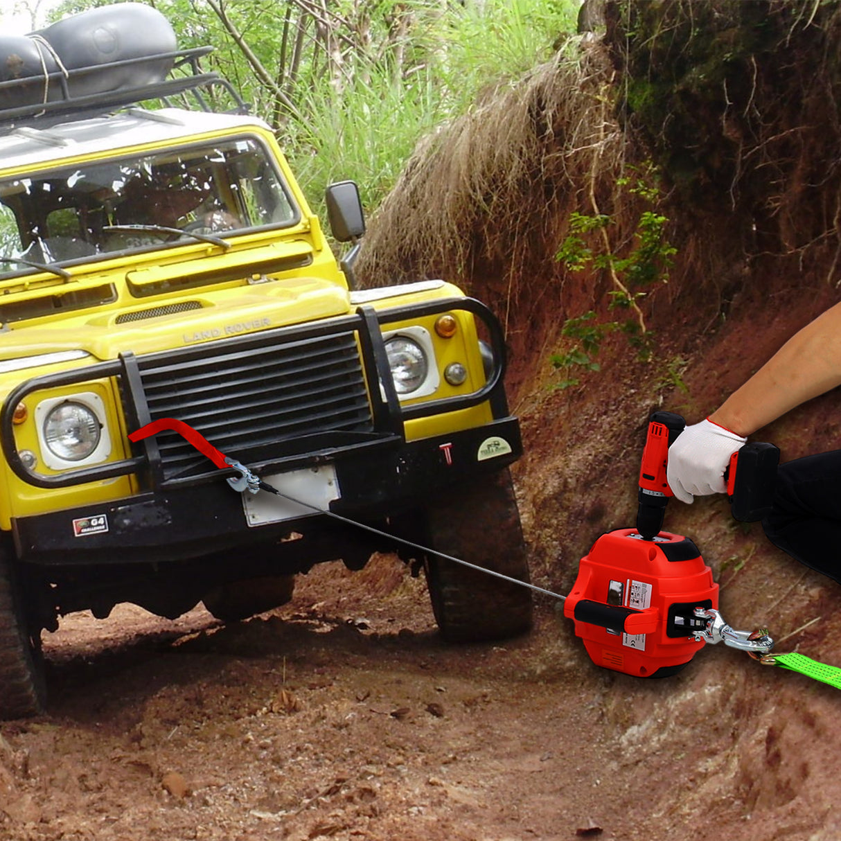 Drill Winch Hoist Portable 750 LB Capacity with 40 Feet Steel Wire--Red