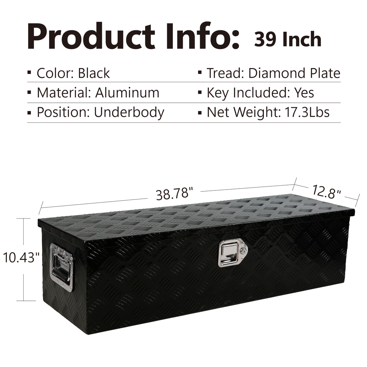 Aluminum Long Tool Box with Side Handle Lock and 2 Keys 38.8"×12.8"×10.4"