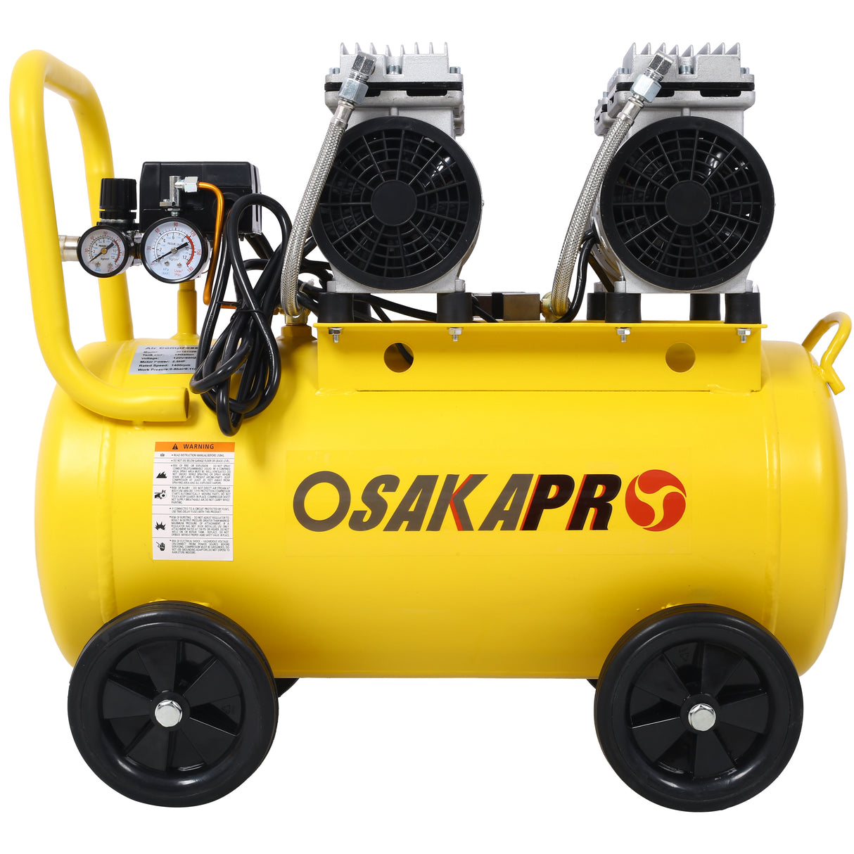 Compresor de aire silencioso de 2.5 hp 13 galones Tienda eléctrica sin aceite sin aceite Ligero con ruedas Nivel de ruido de 70 dba con válvula de drenaje automática amarillo