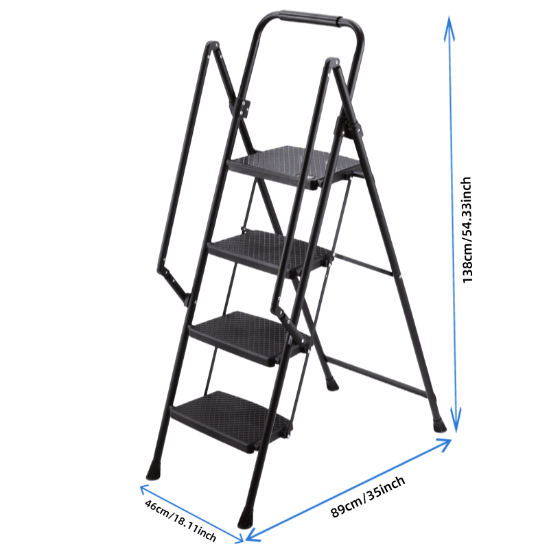 Four Step Ladder Folding Stool Wide Anti Slip Pedal Steel - Black - Fab Heavy Parts