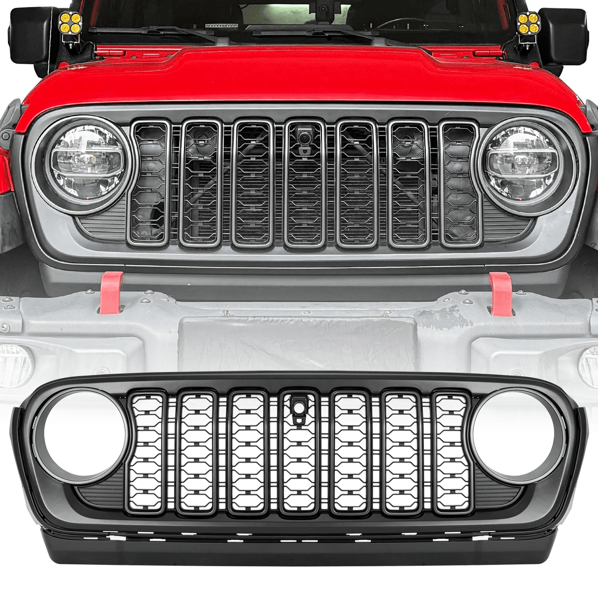 Front Mesh Grille Grid Grill for 2018 - 2024 Jeep Wrangler Rubicon Sahara Sport JL/JT Grill With Camera Hole Plastic - Fab Heavy Parts