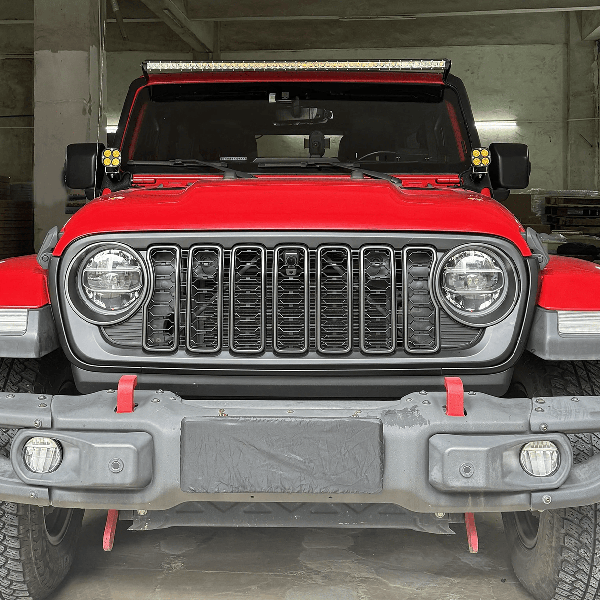 Front Mesh Grille Grid Grill for 2018 - 2024 Jeep Wrangler Rubicon Sahara Sport JL/JT Grill With Camera Hole Plastic - Fab Heavy Parts