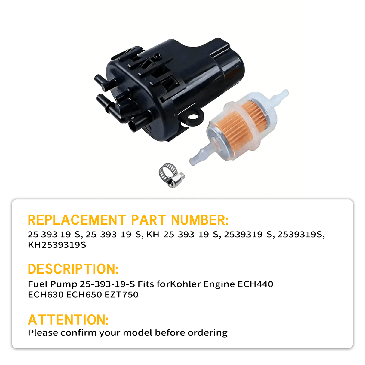 Fuel Pump 25‑393‑19‑S Fits for Kohler Engine ECH440 ECH630 ECH650 EZT750 - Fab Heavy Parts
