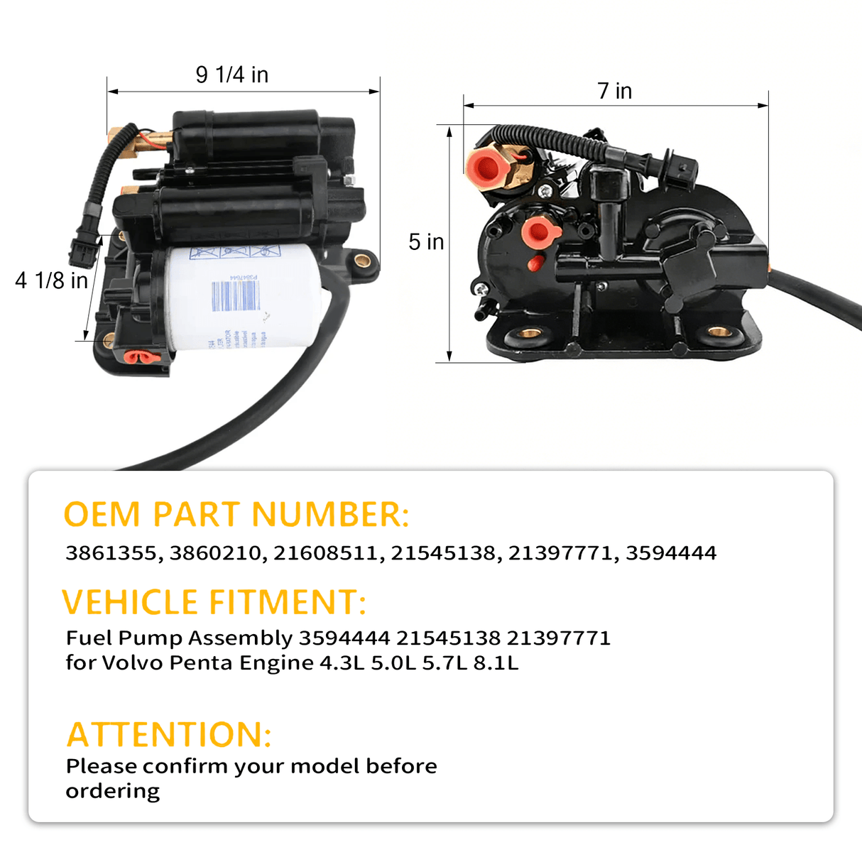 Fuel Pump Assembly 3594444 21545138 21397771 for Volvo Penta Engine 4.3L 5.0L 5.7L 8.1L - Fab Heavy Parts