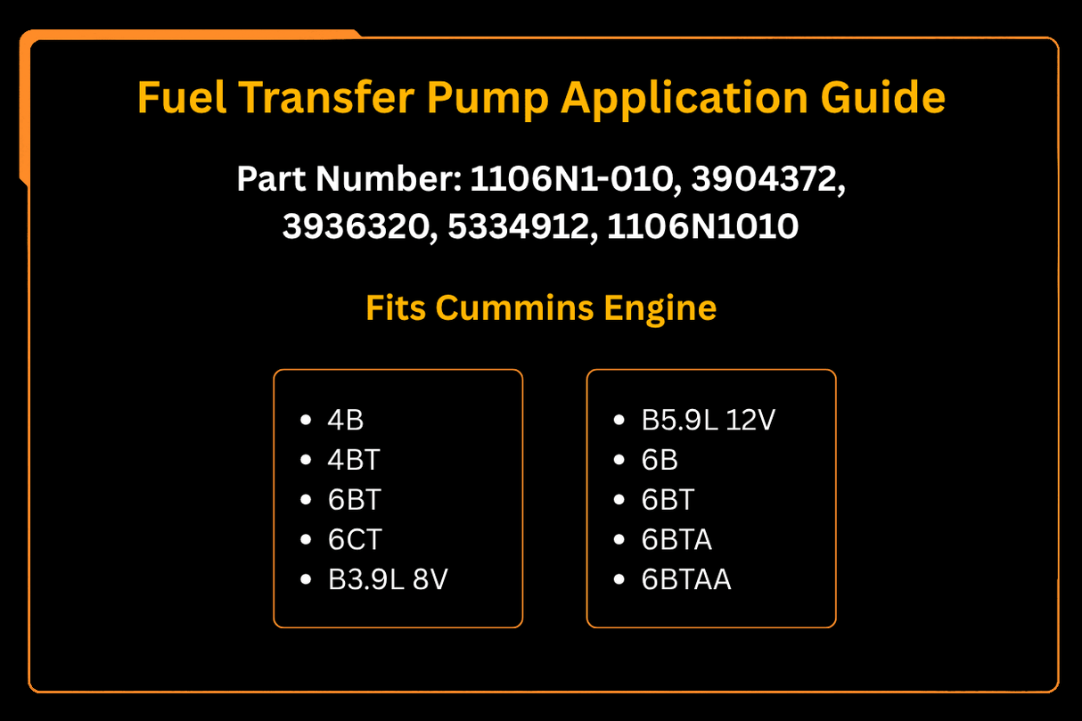 Fuel Transfer Pump 1106N1 - 010 3904372 3936320 5334912 Fits for Cummins Engine 6B 6BT 4B 4BT - Fab Heavy Parts