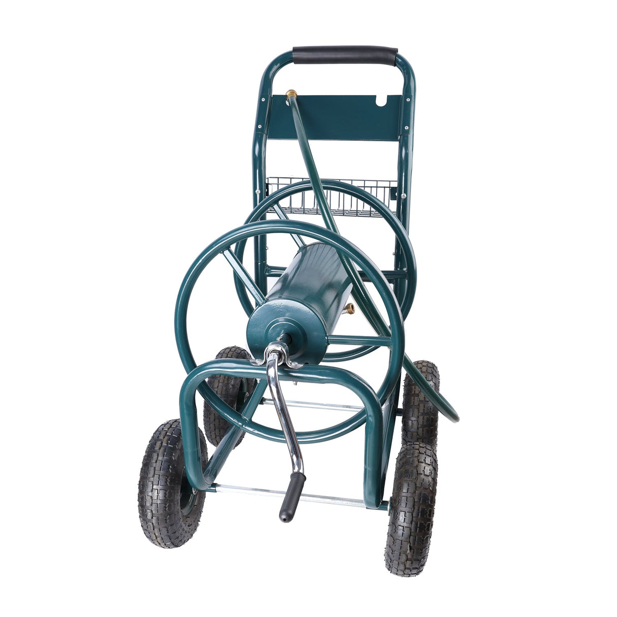 Garden Hose Reel Cart 4 Wheels Portable with Storage Basket Rust Resistant Heavy Duty Water Hose Holder Steel Green - Fab Heavy Parts