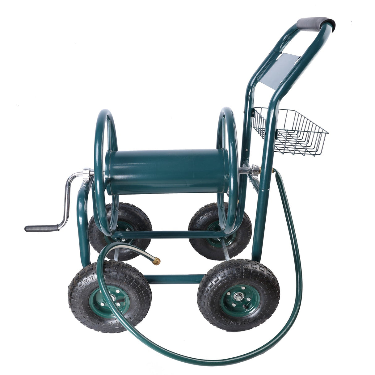 Garden Hose Reel Cart 4 Wheels Portable with Storage Basket Rust Resistant Heavy Duty Water Hose Holder Steel Green - Fab Heavy Parts