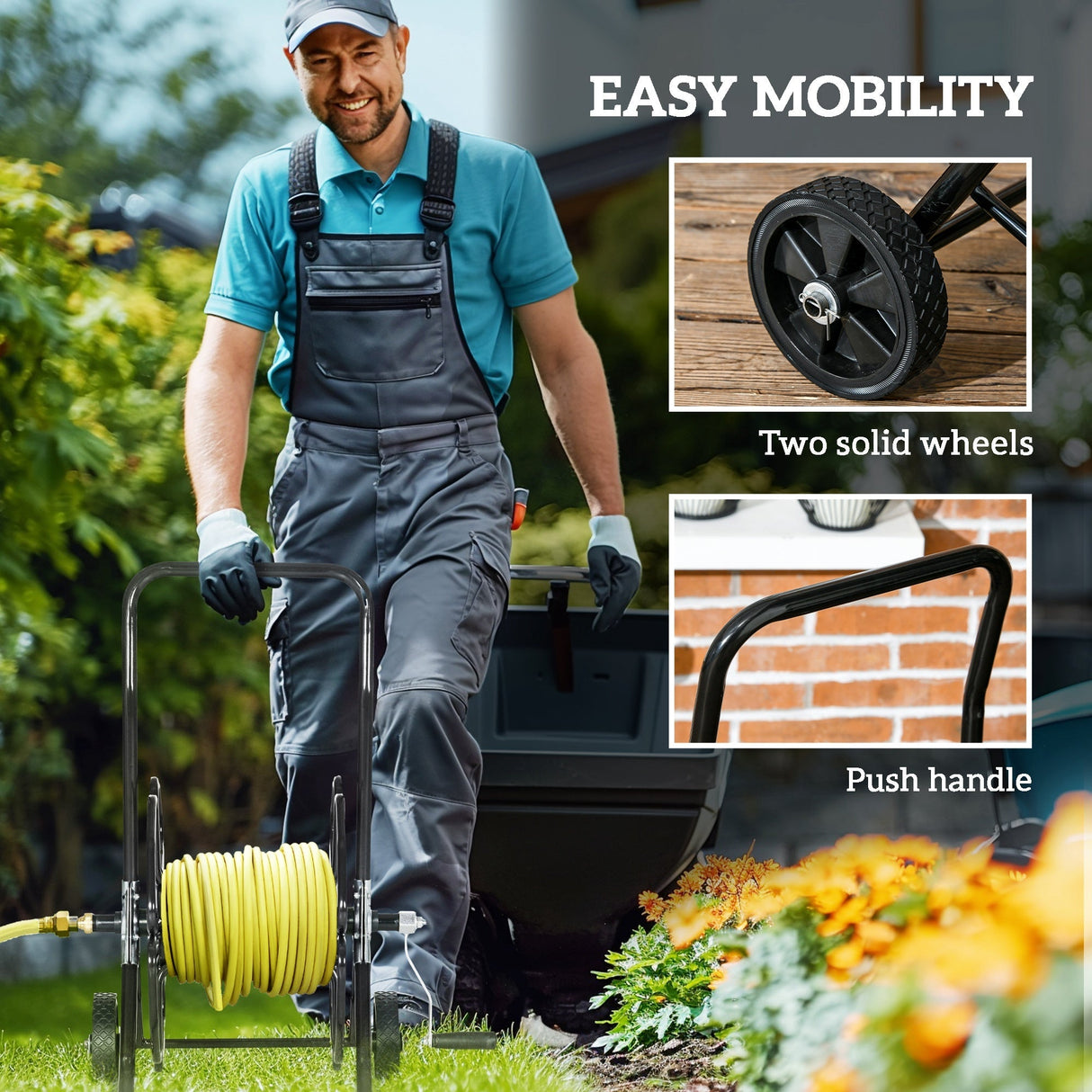 Garden Portable Water Hose Reel Cart Hold Up to 98' of 5/8" Hose (Hose Not Included) with Wheels - Black - Fab Heavy Parts