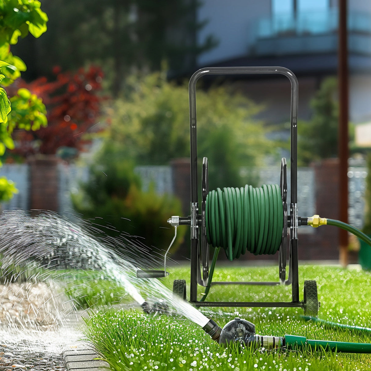 Garden Portable Water Hose Reel Cart Hold Up to 98' of 5/8" Hose (Hose Not Included) with Wheels - Black - Fab Heavy Parts