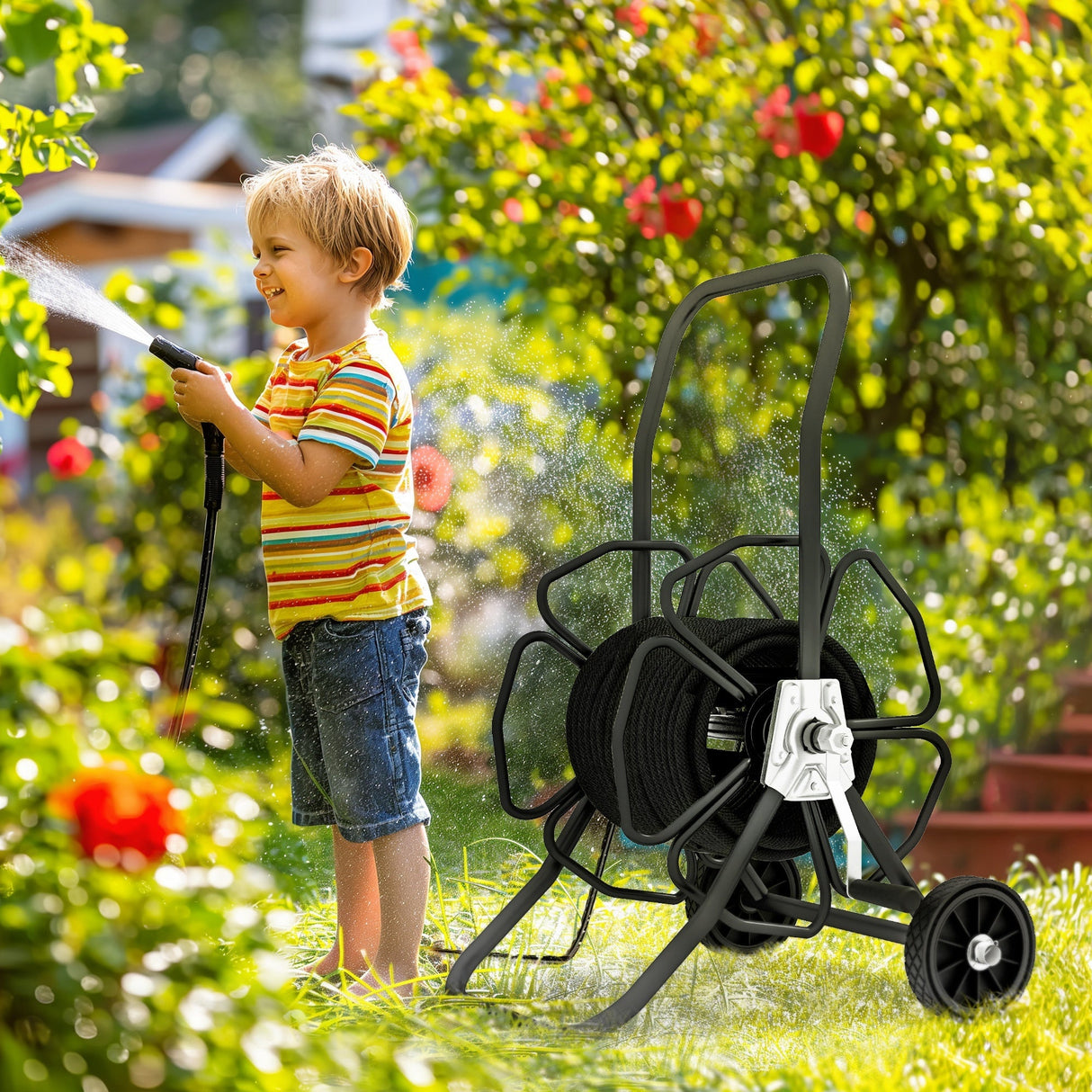 Garden Portable Water Hose Reel Cart Hold Up to 98' of 5/8" Hose (Hose Not Included) with Wheels - Black - Fab Heavy Parts