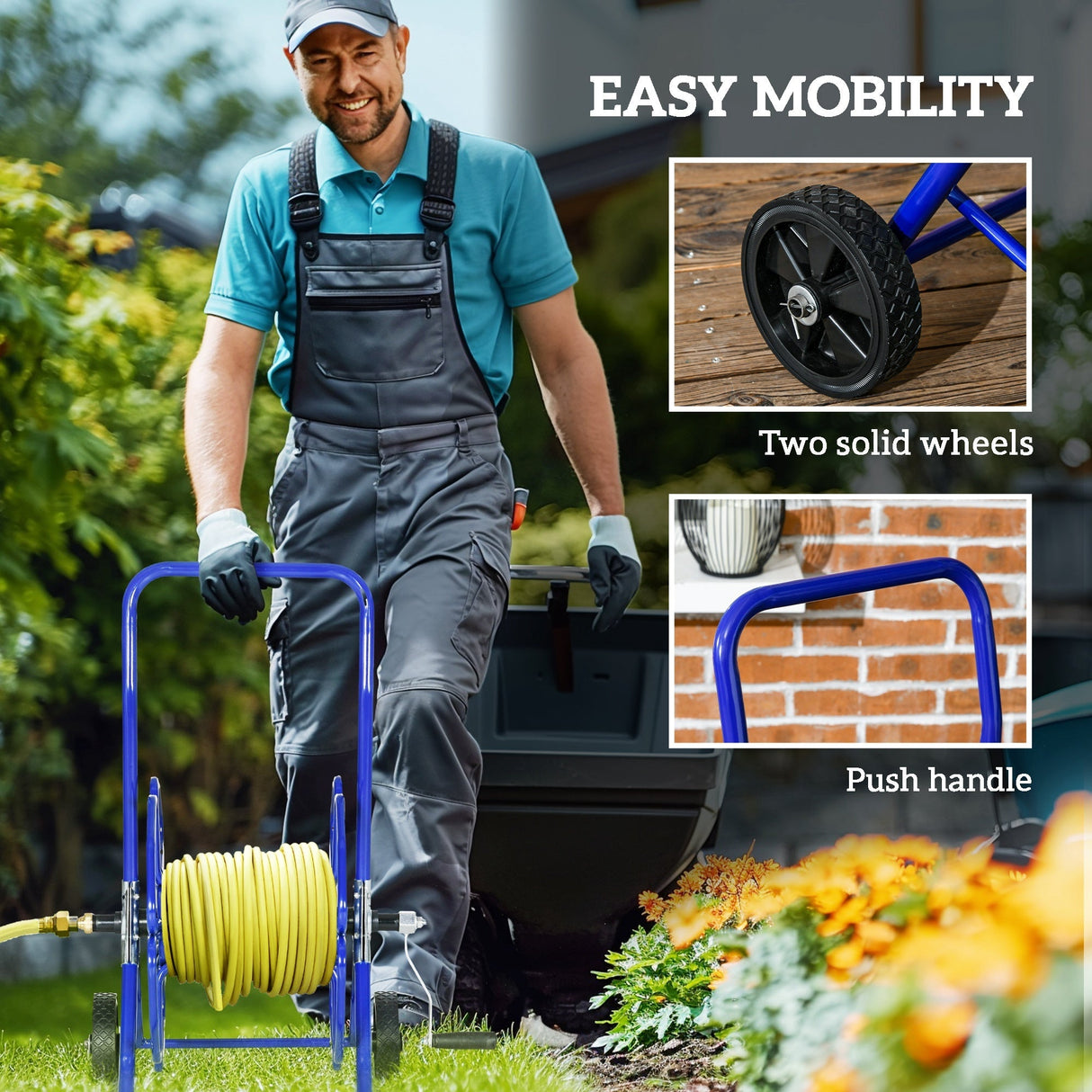 Garden Portable Water Hose Reel Cart Hold Up to 98' of 5/8" Hose (Hose Not Included) with Wheels - Blue - Fab Heavy Parts