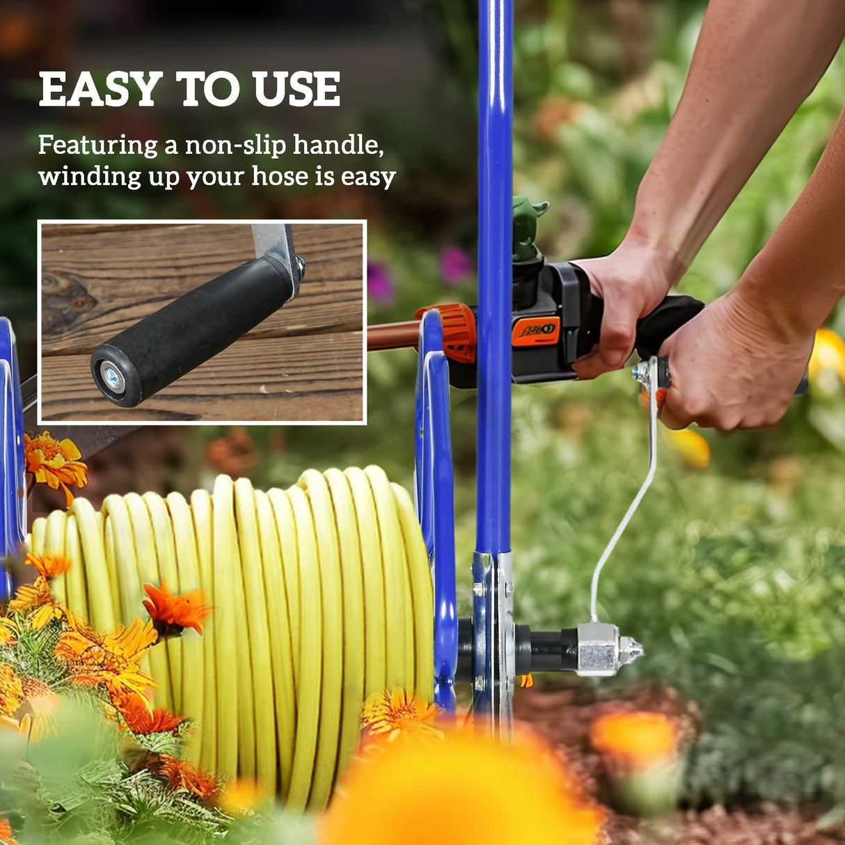 Garden Portable Water Hose Reel Cart Hold Up to 98' of 5/8" Hose (Hose Not Included) with Wheels - Blue - Fab Heavy Parts