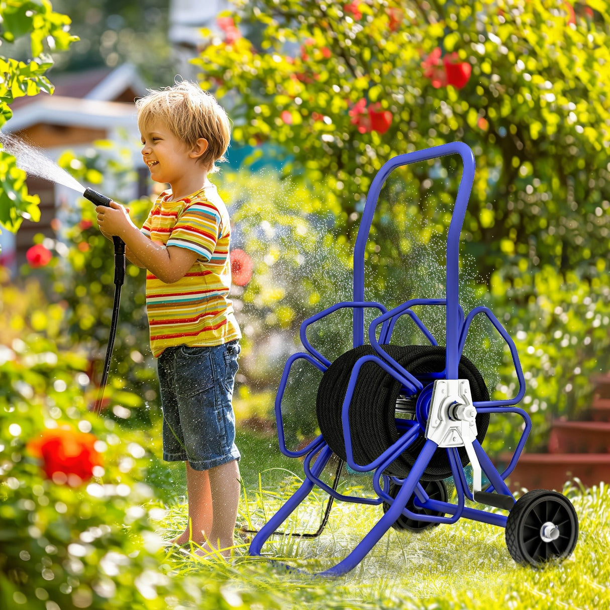 Garden Portable Water Hose Reel Cart Hold Up to 98' of 5/8" Hose (Hose Not Included) with Wheels - Blue - Fab Heavy Parts