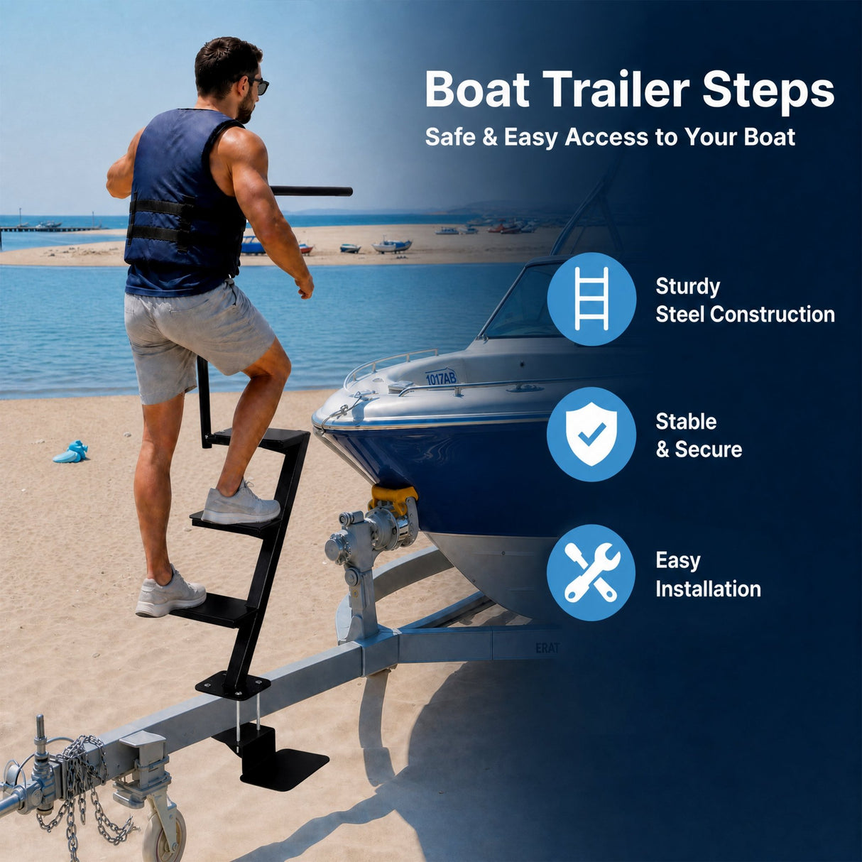 Heavy Duty 4 Step Boat Trailer Steps with Secure Handle Tread Steel Trailer Tongue Ladder Universal Fit for Most Boat Trailers - Fab Heavy Parts