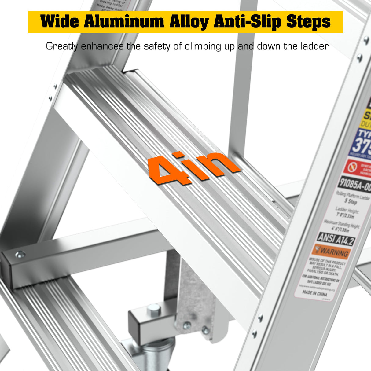Heavy - Duty Aluminum Rolling Platform Ladder with 5 Steps 375lbs Capacity 50.80 x 28.40 x 89.70 inches - Fab Heavy Parts