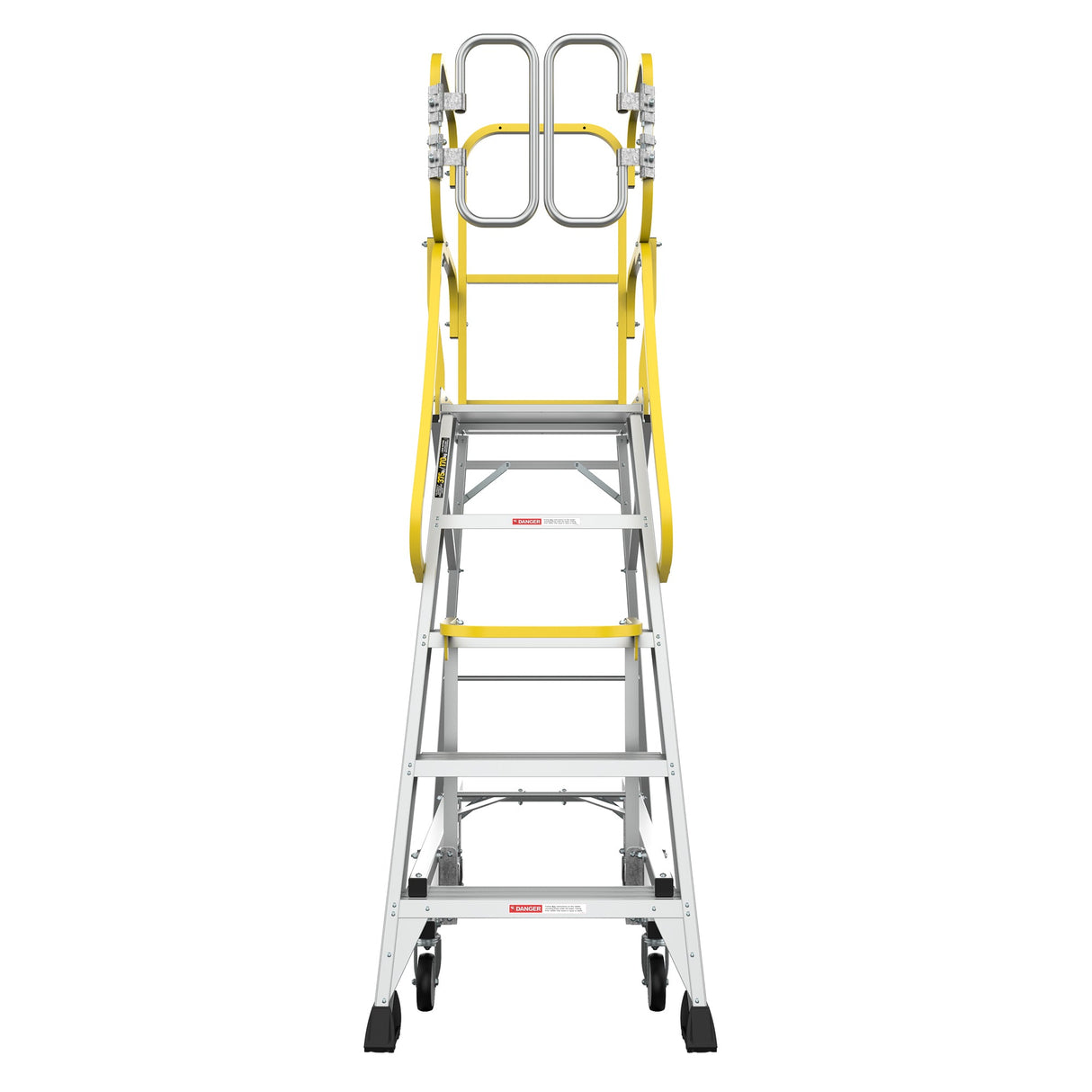 Heavy - Duty Aluminum Rolling Platform Ladder with 5 Steps 375lbs Capacity 50.80 x 28.40 x 89.70 inches - Fab Heavy Parts