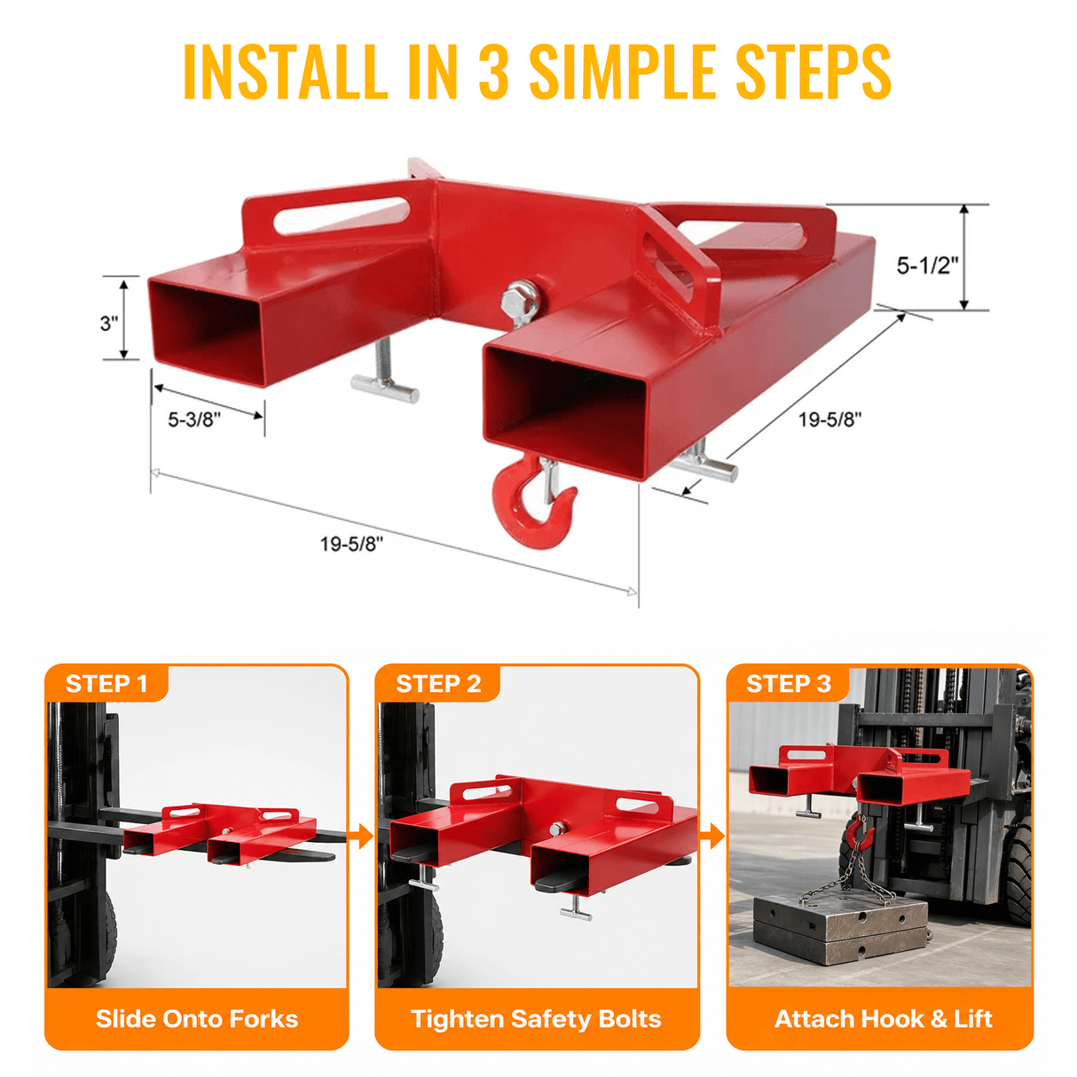 Heavy Duty Forklift Mobile Crane Attachment 6600 LBS Load Capacity Fork Lifting Hoist with Safety Hook & Dual Large T-Bolts - Fab Heavy Parts