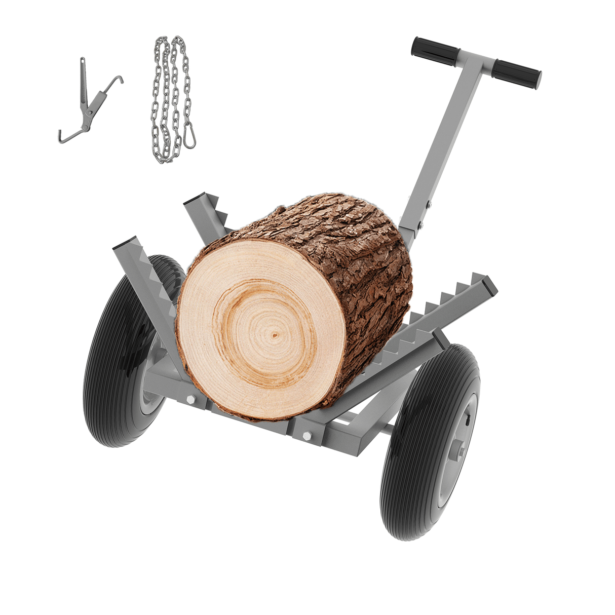 Heavy Duty Log Dolly with 16" Pneumatic Tires 460 lbs Capacity Fits Logs up to 20" Diameter Steel Frame Log Hauler with 7 ft Chain & Strap for Firewood & Forestry Transport - Fab Heavy Parts