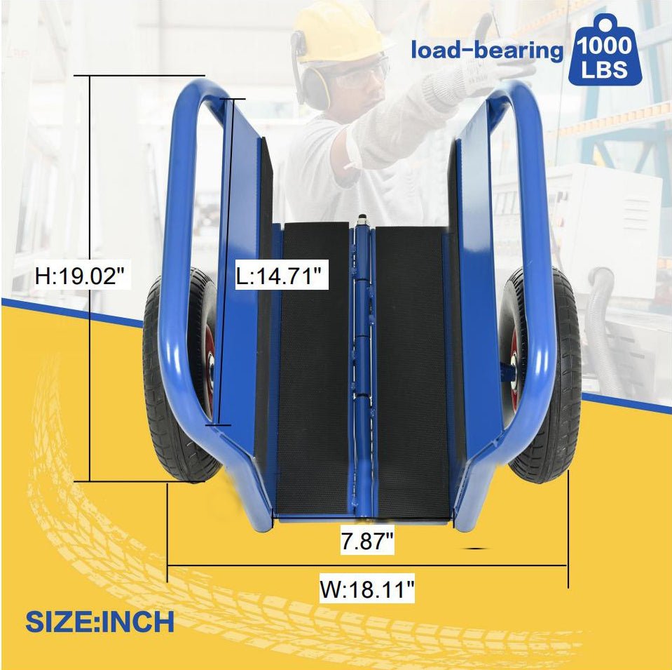 Heavy Duty Panel Slab Dolly Two Handles 10" Solid Rubber Tires 1000 LBS Capacity - Blue - Fab Heavy Parts
