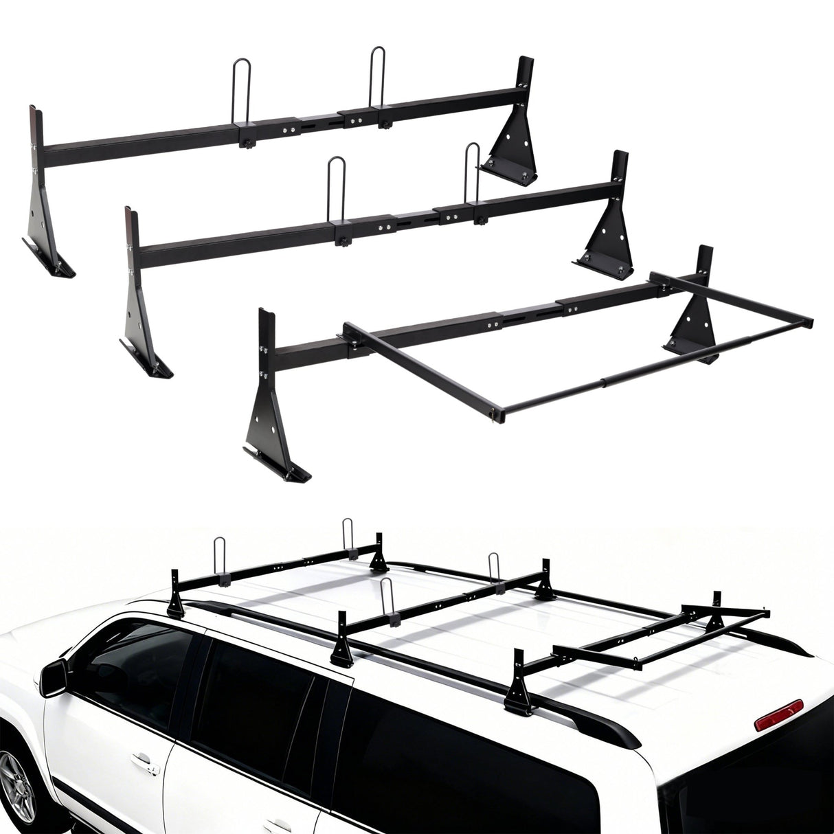 Ladder Roof Racks with Rear Roller 3 Bar 800 Lbs Capacity Heavy - Duty Steel Roof Racks for Van with Rain Gutter Only - Fab Heavy Parts