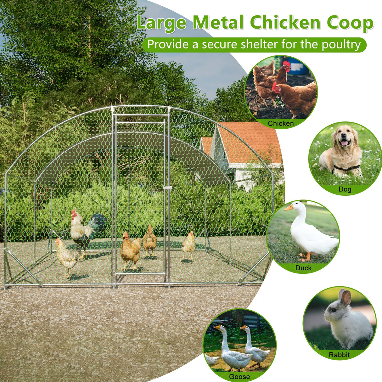 Large Metal Chicken Coop with Waterproof and Anti - UV Cover Dome Shaped Walk - in Fence Cage 9.84' x 13.12' x 6.56' - Fab Heavy Parts