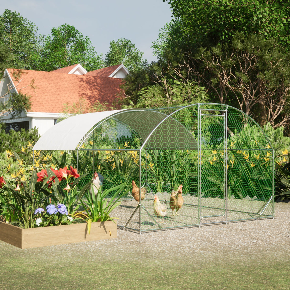Large Metal Chicken Coop with Waterproof and Anti - UV Cover Dome Shaped Walk - in Fence Cage 9.84' x 13.12' x 6.56' - Fab Heavy Parts