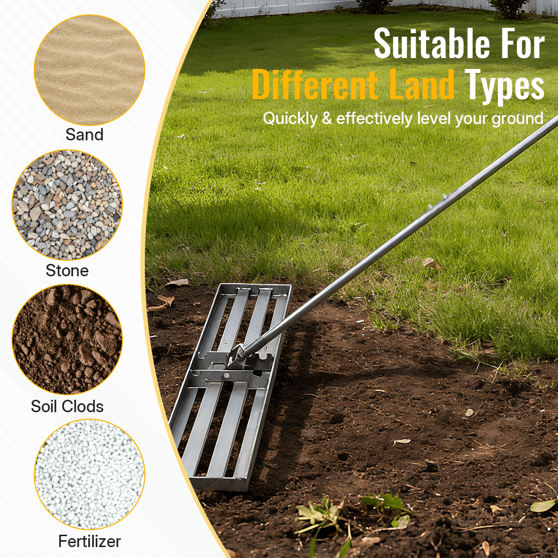 Lawn Leveling Rake Tool 48"x10" Heavy Duty Effort Saving 7FT Steel Handle - Fab Heavy Parts