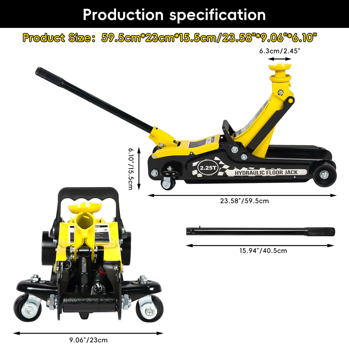 Lifting Range 3.35" - 14.17" 2.25 Ton Hydraulic Floor Jack 3 Ton Jack Stands Tire Repair kit Low Profile Service 4960 LB Capacity Double Locking Pins - Yellow - Fab Heavy Parts