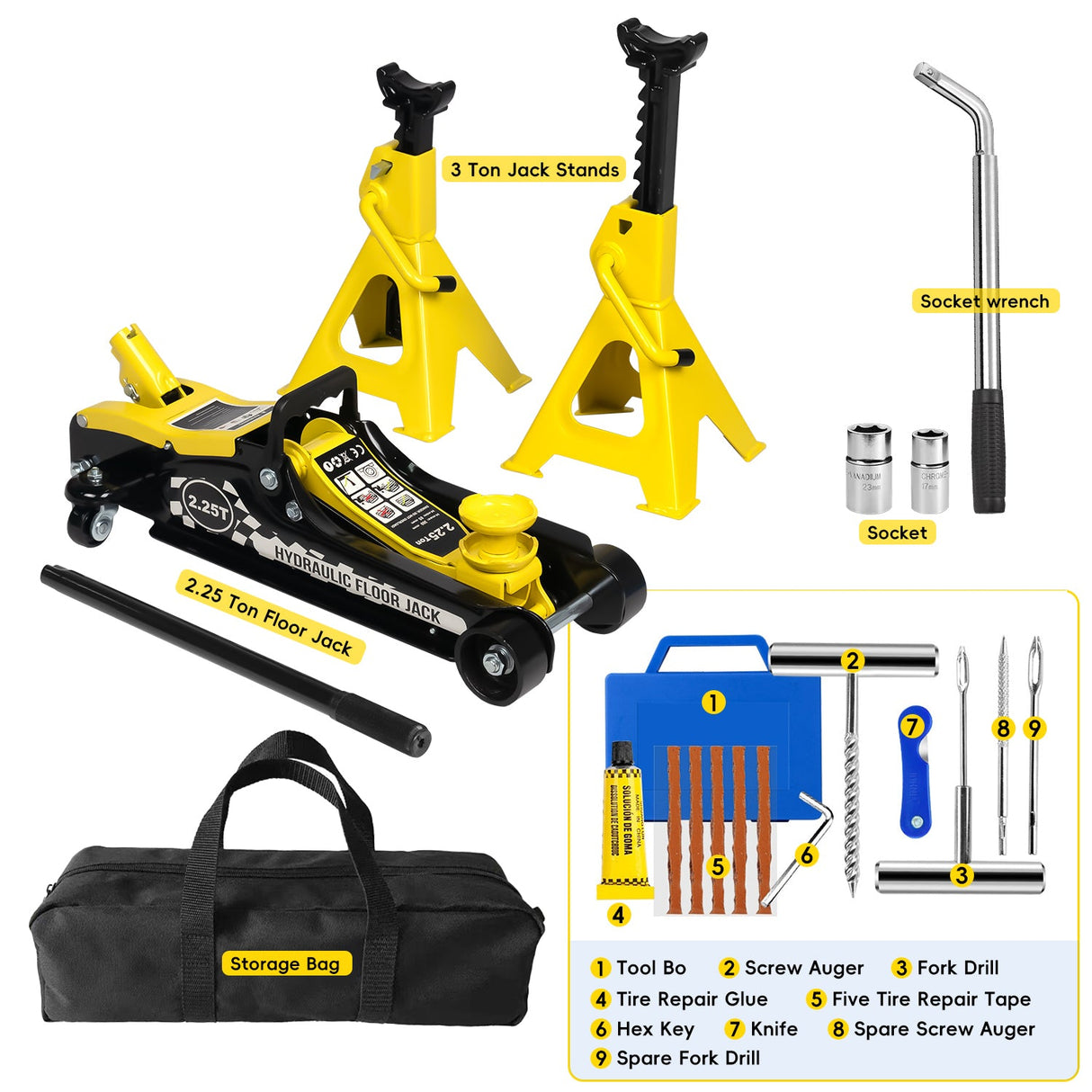 Lifting Range 3.35" - 14.17" 2.25 Ton Hydraulic Floor Jack 3 Ton Jack Stands Tire Repair kit Low Profile Service 4960 LB Capacity Double Locking Pins - Yellow - Fab Heavy Parts
