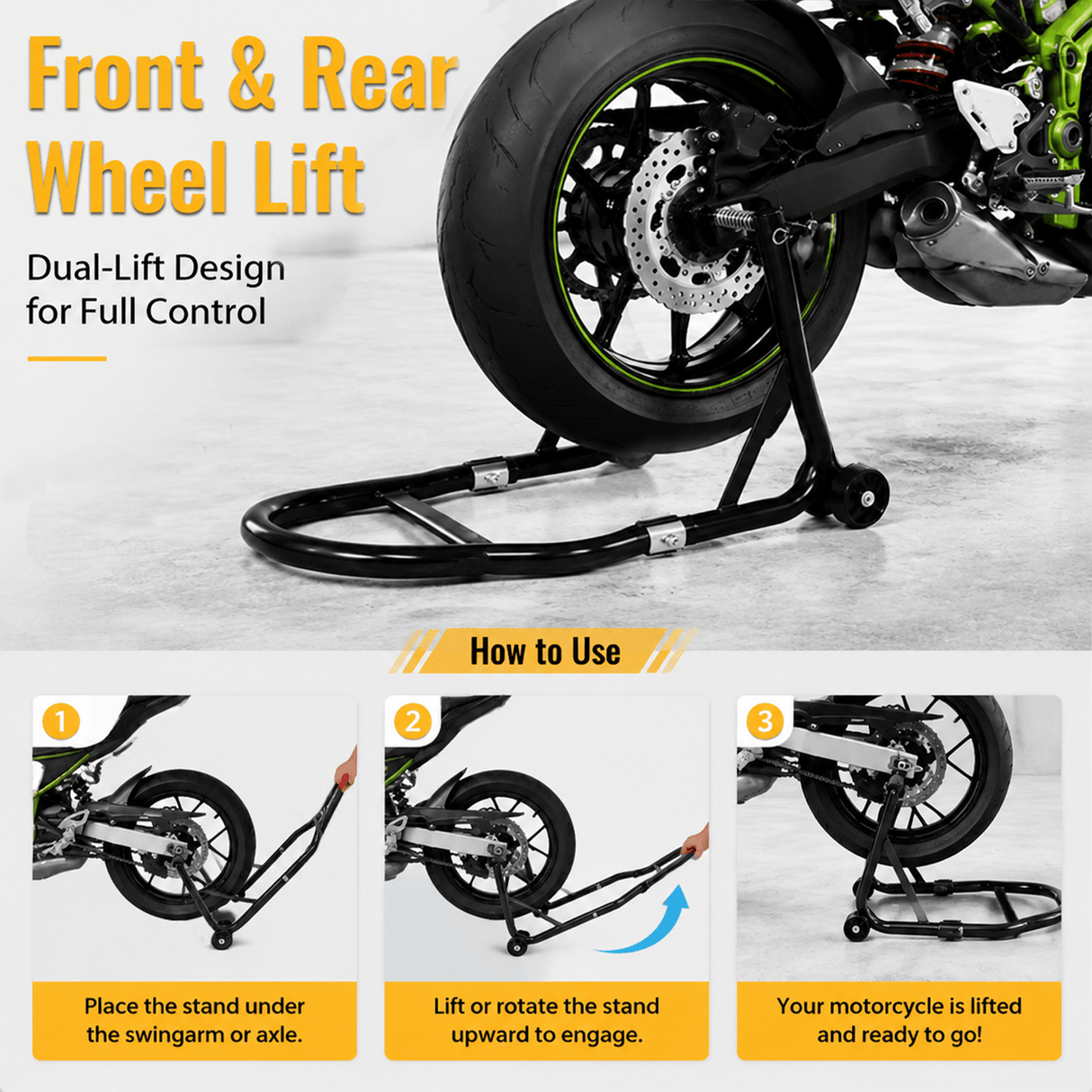 Motorcycle Stand 1000LB Sport Bike Front and Rear Wheel Lift Swingarm Paddock U - Black - Fab Heavy Parts