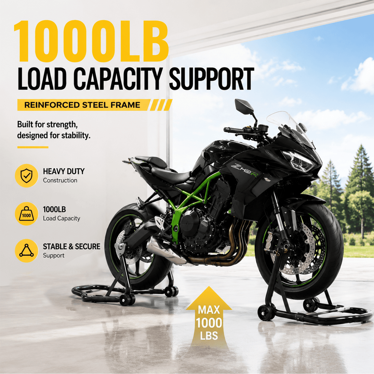 Motorcycle Stand 1000LB Sport Bike Front and Rear Wheel Lift Swingarm Paddock U - Black - Fab Heavy Parts