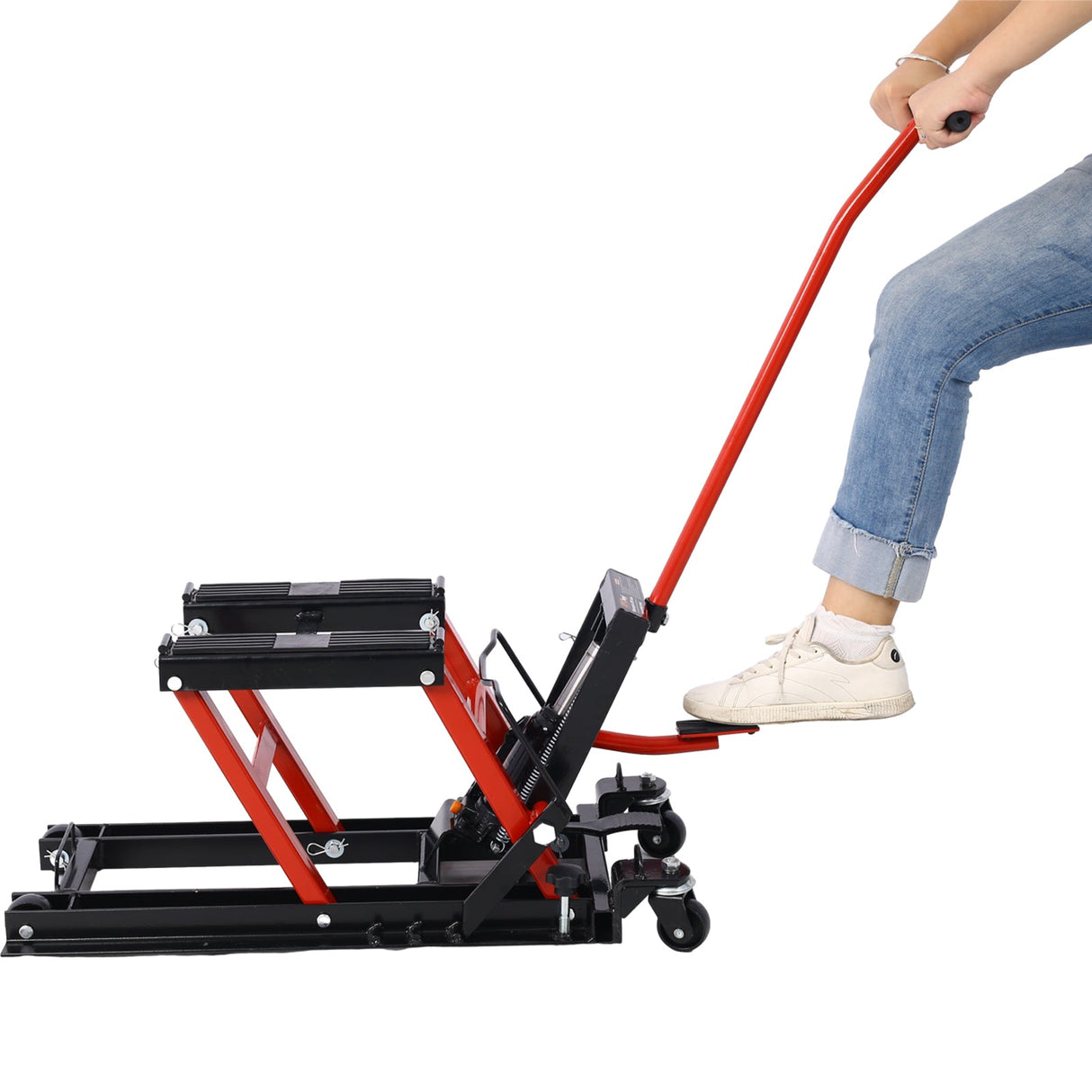 MovYard® Hydraulic Motorcycle Lift Jack 1500 LBS Capacity Scissor Portable Table with 4 Wheels Foot - Operated Hoist Stand with Tie Down - Fab Heavy Parts