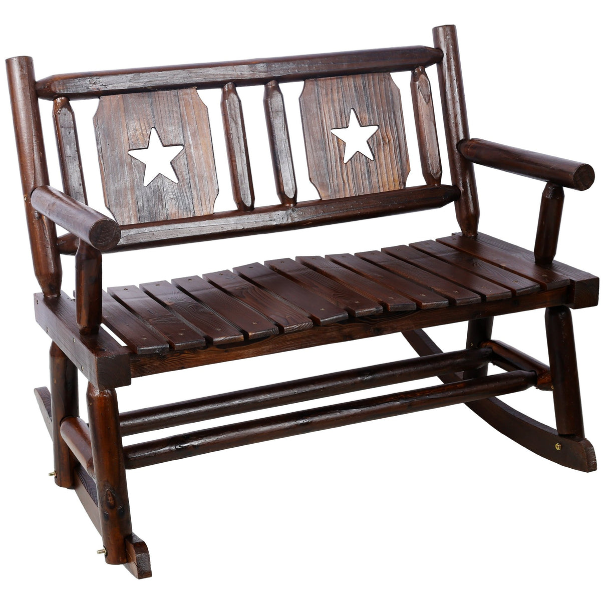 Outdoor Wood Rocking Bench Carbonized Double Chair with Wide Curved Seat Porch Rocker - Rustic Brown - Fab Heavy Parts