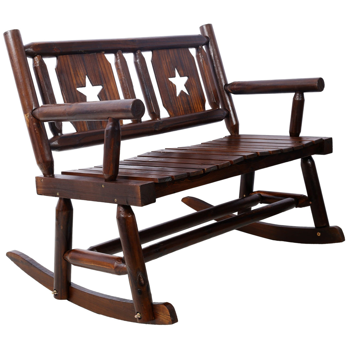Outdoor Wood Rocking Bench Carbonized Double Chair with Wide Curved Seat Porch Rocker - Rustic Brown - Fab Heavy Parts