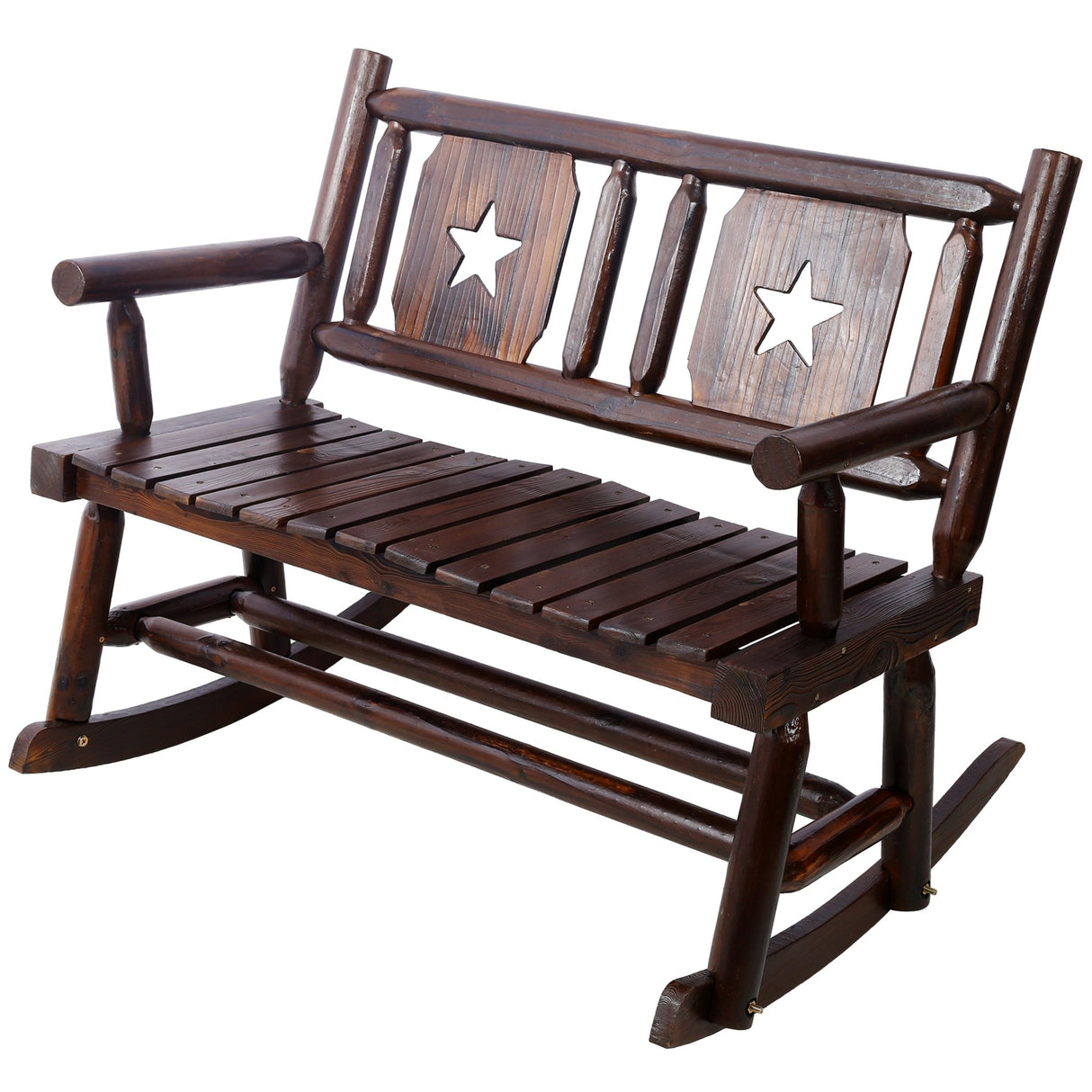 Outdoor Wood Rocking Bench Carbonized Double Chair with Wide Curved Seat Porch Rocker - Rustic Brown - Fab Heavy Parts