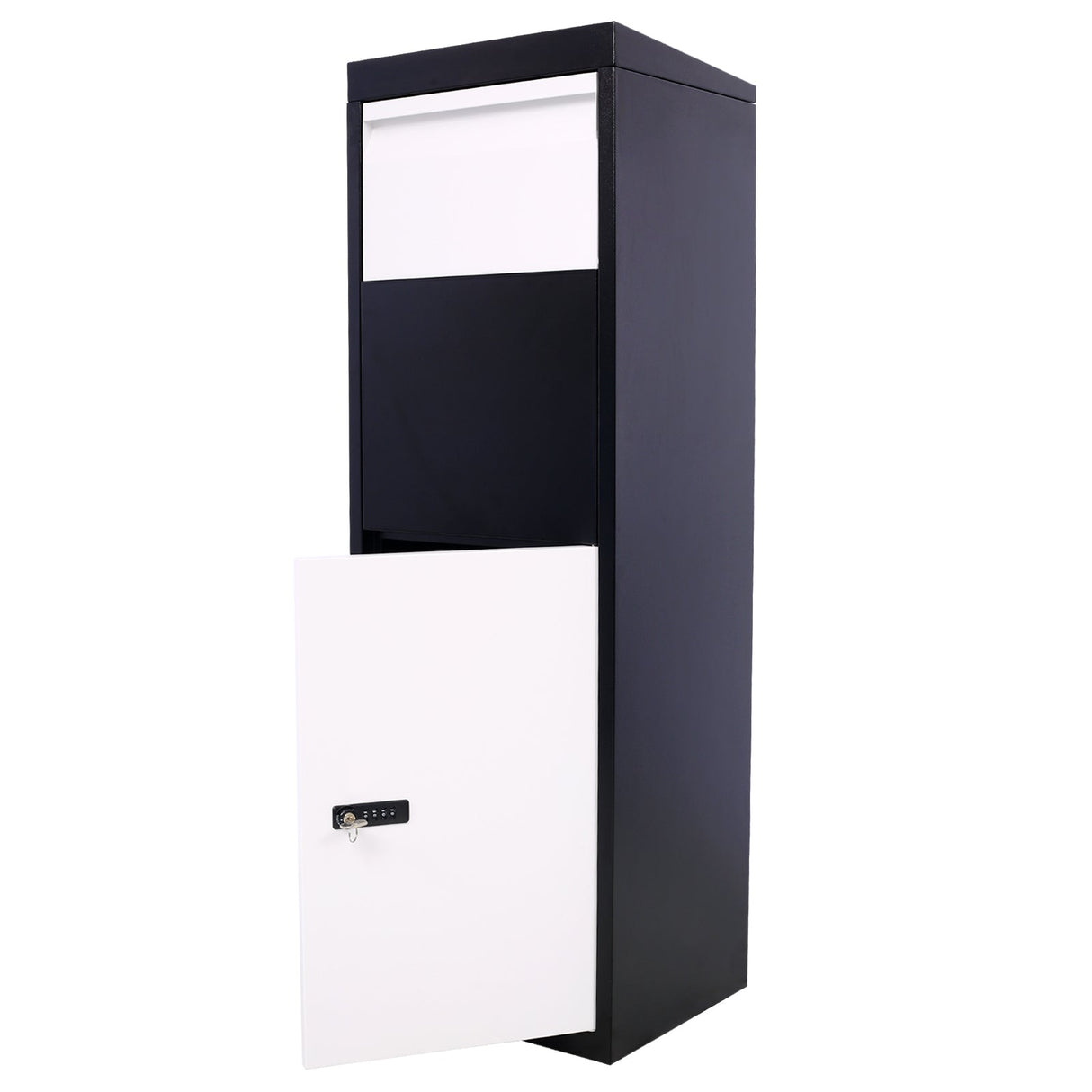 Package Delivery Box 14'' x 11.3'' x 42'' Galvanized Steel Parcel Mailbox w/ Code Lock & Mounting Hardware - Black and White - Fab Heavy Parts