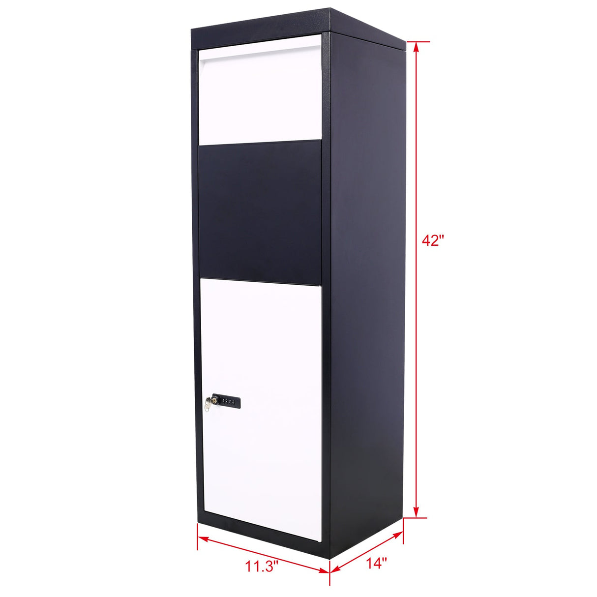 Package Delivery Box 14'' x 11.3'' x 42'' Galvanized Steel Parcel Mailbox w/ Code Lock & Mounting Hardware - Black and White - Fab Heavy Parts