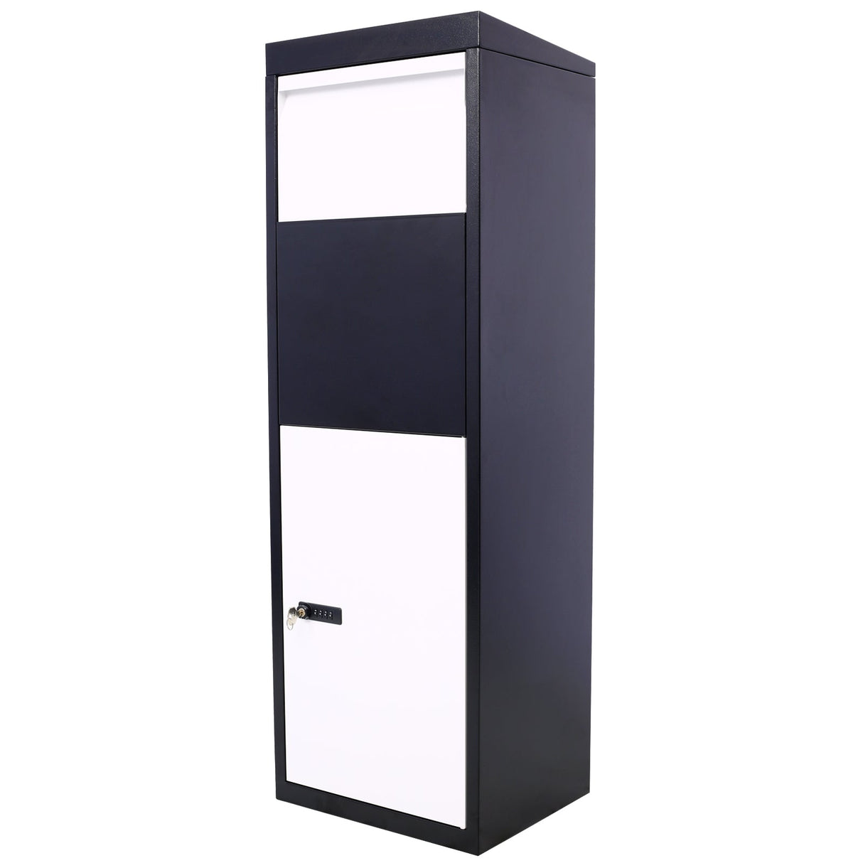 Package Delivery Box 14'' x 11.3'' x 42'' Galvanized Steel Parcel Mailbox w/ Code Lock & Mounting Hardware - Black and White - Fab Heavy Parts