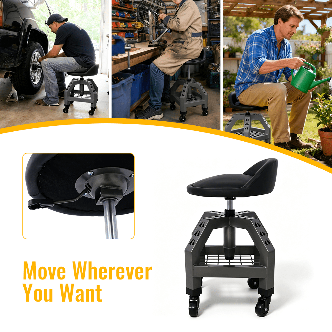 Pneumatic 360 Degree Swivel Stool Mechanics Rolling Creeper Seat Heavy Duty with Casters 300 Lbs Capacity - Gray - Fab Heavy Parts